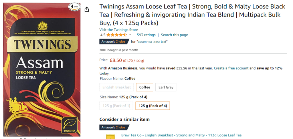 A screenshot from Amazon.co.uk where a packet of Twining's Loose Leaf Assam Tea is listed with the flavour name "coffee".